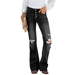 Sidefeel Women Button Up Bell Bottom Jeans Ripped Flare Fitted Denim Pants Size